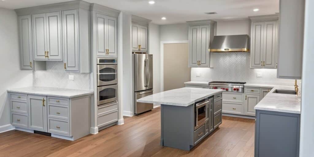 Chesterfield kitchen design option A with large stainless steel hood, cabinets up to ceiling and opening between oven and refrigerator for pantry access.