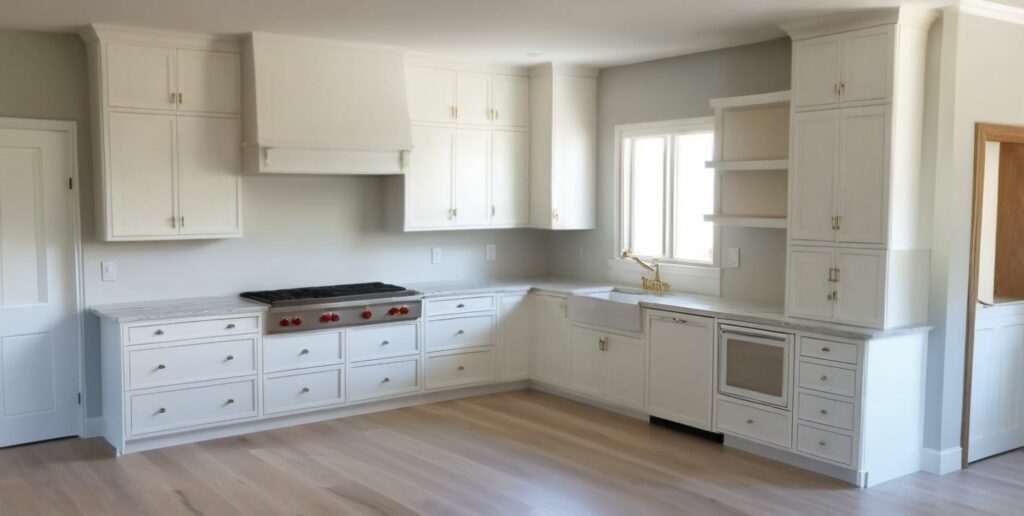 Chesterfield kitchen design option B showing view of L shape corner with sink under window and pro-style cooktop with stacked wall cabinets.