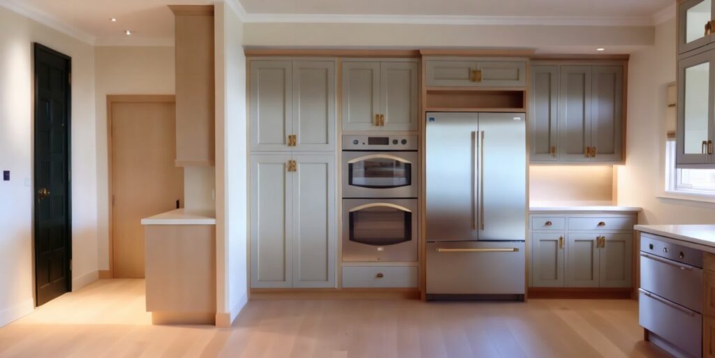 Kitchen design option B for Chesterfield kitchen showing new pantry cabinet on left with oven, refrigerator and cabinet storage to right of pantry area.