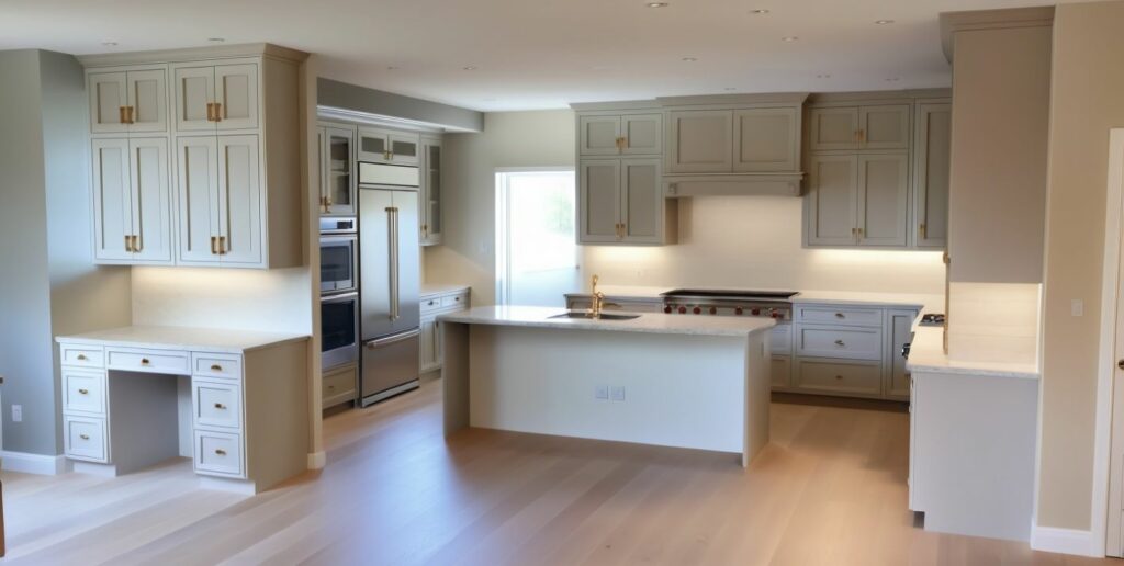 Kitchen design option B showing large kitchen with island in the center, stacked wall cabinets and fridge and oven area concealed behind bar area.