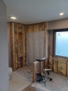 St Charles bathroom remodel during construction showing shower area with framing completed