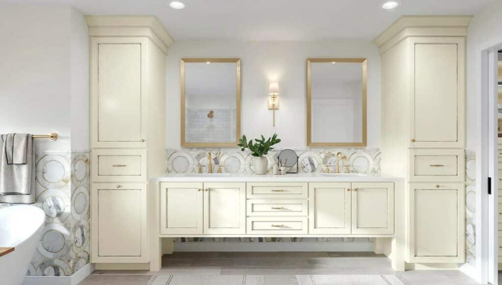 Waypoint 470 series master bathroom cabinets in biscotti finish