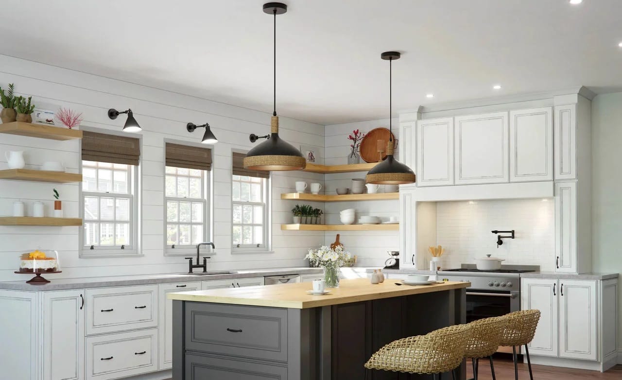 Waypoint 750 kitchen cabinets in Painted Boulder and Painted Linen finishes.