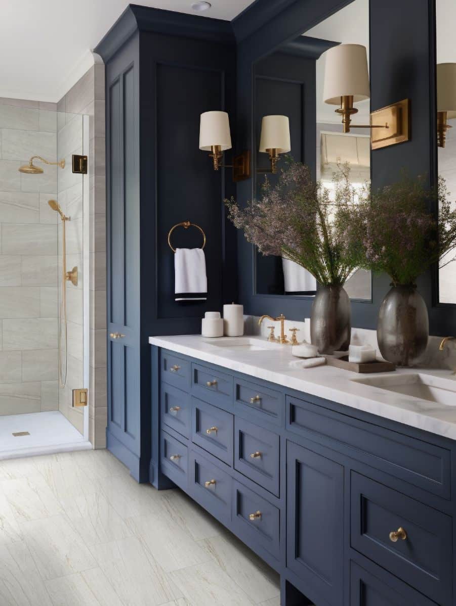 Master bathroom remodel featuring tile shower with gold shower fixtures and an inset dark blue double sink vanity.