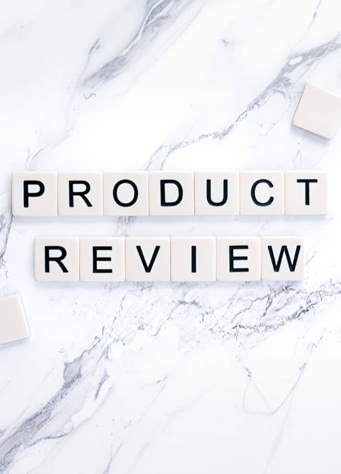 Thompson Price product review spelled out in scrabble letters over marble countertop