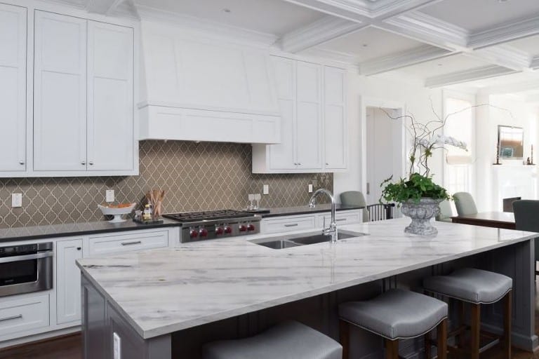 Thompson Price marble kitchen countertops in Arabescus White