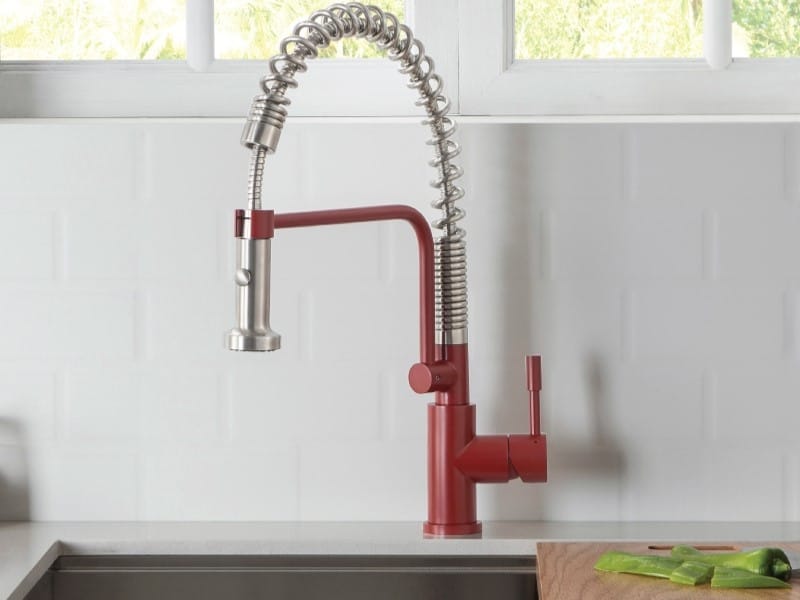 Thompson Price custom faucet finish in red with stainless steel