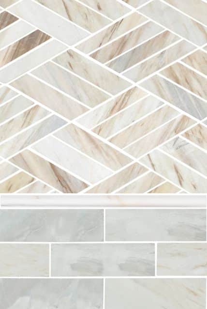 Thompson Price kitchen backsplash ideas showing angora rhombus subway and bianco dolomote pencil tile