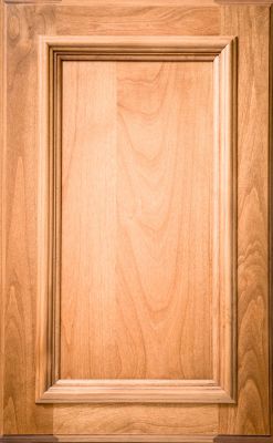 Clover recessed cabinet door with applied moulding in light stain