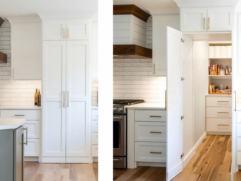 Side by side image of our custom kitchen pantry cabinet closed and open showing secret passage into another room.