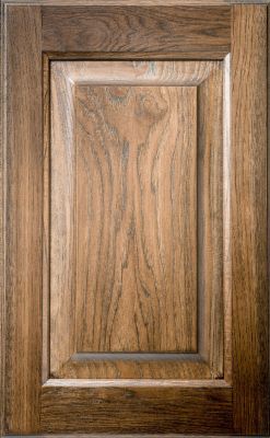 Traditional square raised panel cabinet door in medium stain