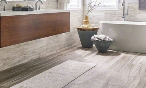 bathroom flooring with LVT luxury vinyl tile on bathroom floor