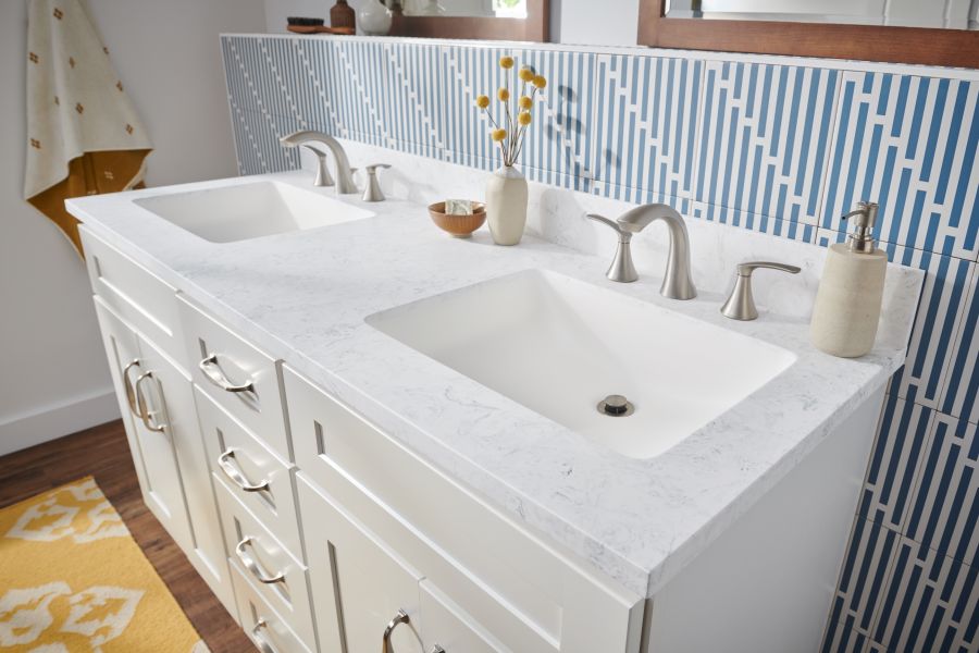 thompson price solid surface bathroom vanity countertop in light marble look with integrated rectangular bowls