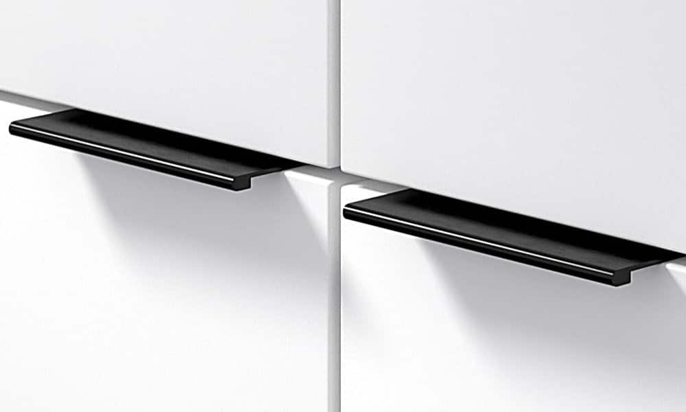 kitchen cabinet hardware edge pulls in matte black installed on white cabinets