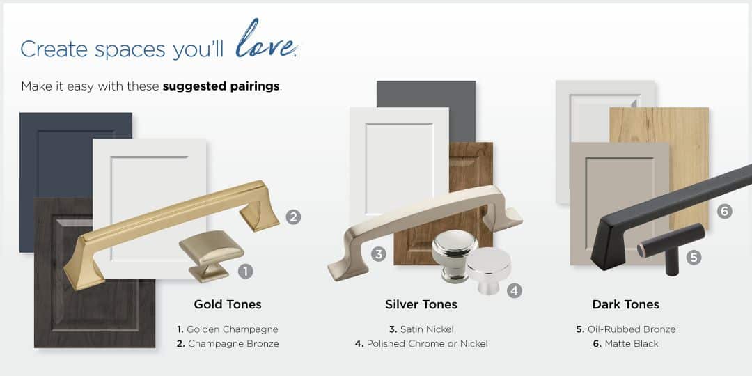 A grouping of kitchen cabinet hardware in silver, gold and warm tones against dark, light and medium cabinet styles respectively